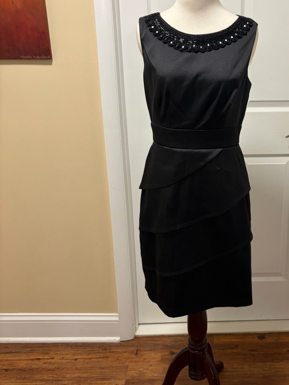 connected apparel Black Beaded Neckline Tiered Sleeveless Dress